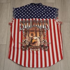 American Biker Image Motorcycle Patriotic Sleeveless Mens XL Shirt American Flag